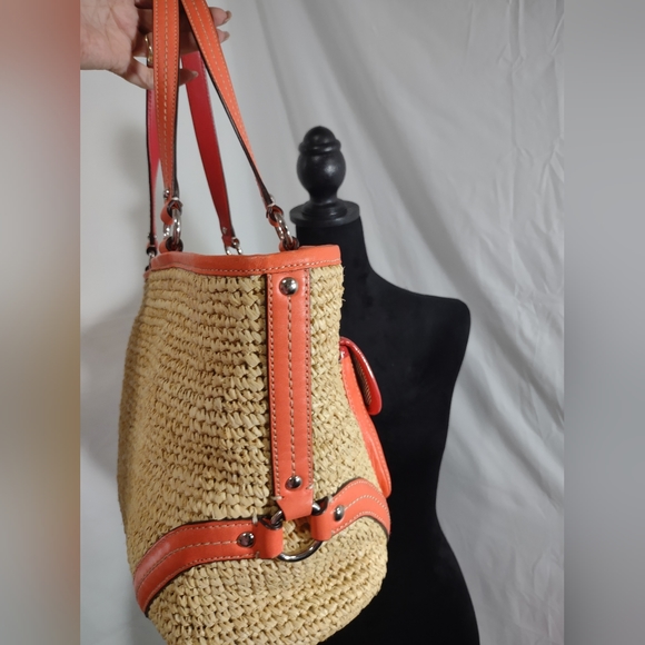 COACH Coral & Red Leather & Straw Shoulder/Tote Bag - Picture 3 of 12